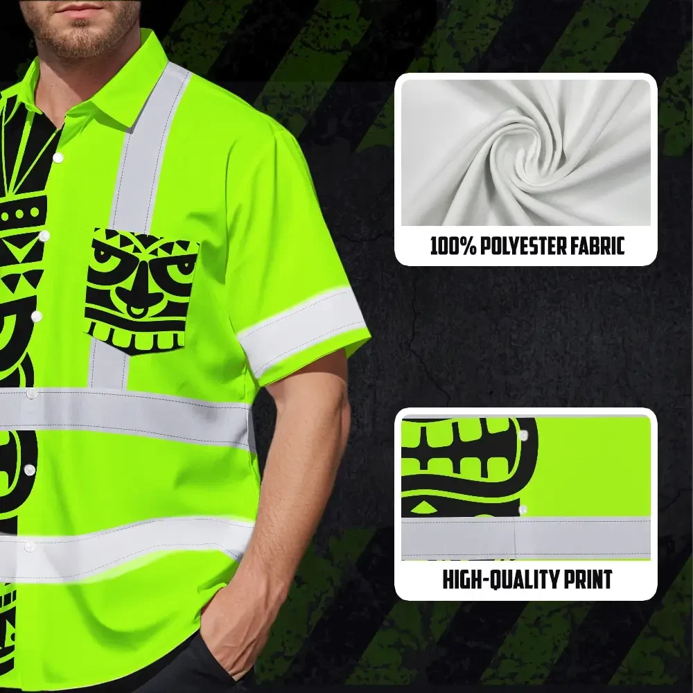 Tiki Polynesian Tribal Custom Name Hi Vis Hawaiian Shirt Lifestyle shot of a person wearing the Tiki Polynesian Tribal Custom Name Hi Vis Hawaiian Shirt at an outdoor event.