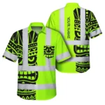 Front view of tiki polynesian tribal custom name hi vis Hawaiian shirt in neon green with black tribal designs.