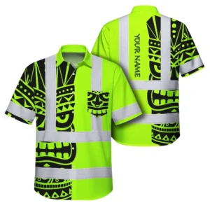 Front view of the Tiki Polynesian Tribal Custom Name Hi Vis Hawaiian Shirt, featuring vibrant green and black tribal designs.