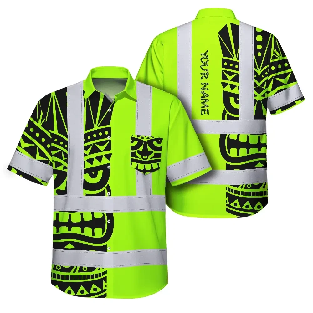 Tiki Polynesian Tribal Custom Name Hi Vis Hawaiian Shirt Front view of the Tiki Polynesian Tribal Custom Name Hi Vis Hawaiian Shirt, featuring vibrant green and black tribal designs.