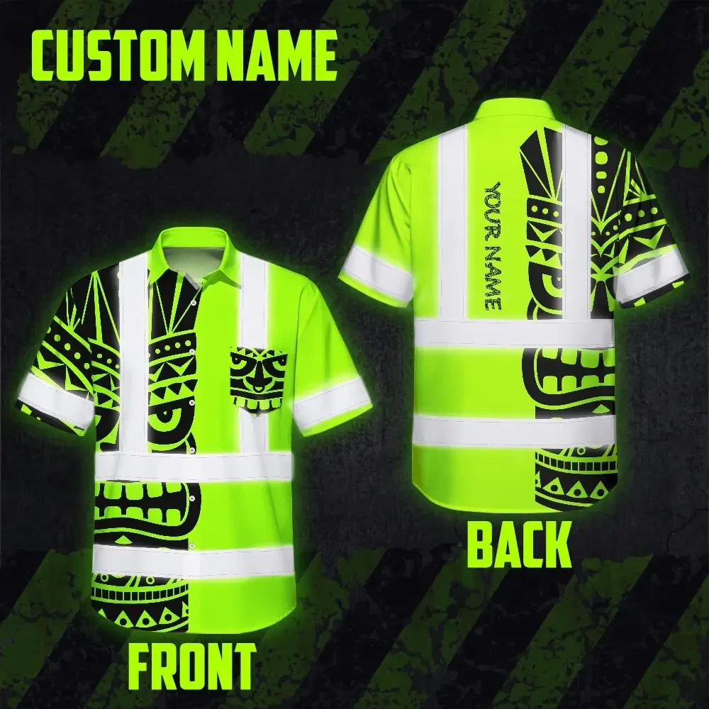 Tiki Polynesian Tribal Custom Name Hi Vis Hawaiian Shirt Back view of the Tiki Polynesian Tribal Custom Name Hi Vis Hawaiian Shirt, showcasing personalized name placement.
