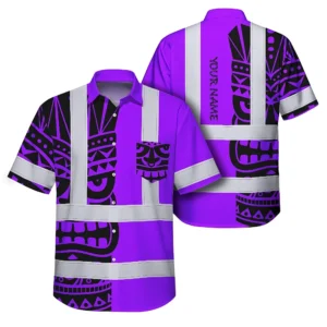 Front view of the tiki violet neon polynesian tribal custom name shirt showcasing vibrant purple and black designs.