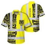 Front view of the tiki yellow neon polynesian tribal shirt featuring bold black patterns and reflective stripes.
