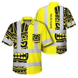 Front view of the tiki yellow neon polynesian tribal shirt featuring bold black patterns and reflective stripes.