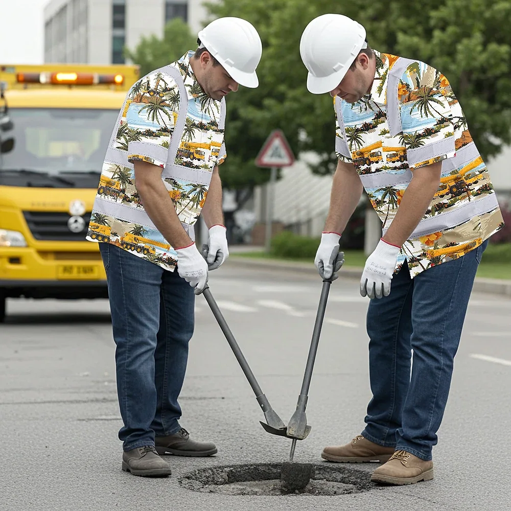 Yellow Mobile Cranes Hawaiian Shirt Model wearing the yellow mobile cranes Hawaiian shirt at a construction site, merging fashion with function.