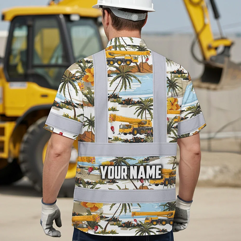 Yellow Mobile Cranes Hawaiian Shirt Flat lay of the yellow mobile cranes Hawaiian shirt, emphasizing the Hawaiian print and reflective accents.