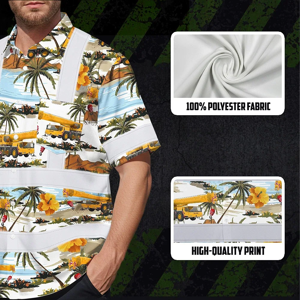 Yellow Mobile Cranes Hawaiian Shirt Lifestyle shot of a person wearing the yellow mobile cranes Hawaiian shirt at a beach, blending style and safety.
