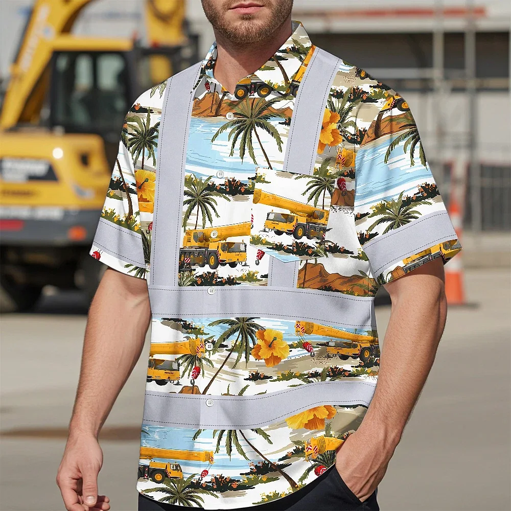 Yellow Mobile Cranes Hawaiian Shirt Side view of the yellow mobile cranes Hawaiian shirt highlighting the button closure and bright colors.
