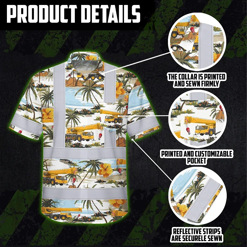 Yellow Mobile Cranes Hawaiian Shirt Close-up detail of the fabric texture on the yellow mobile cranes Hawaiian shirt featuring cranes and palm trees.