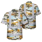 Front view of the yellow mobile cranes Hawaiian shirt with vibrant floral designs and safety stripes.