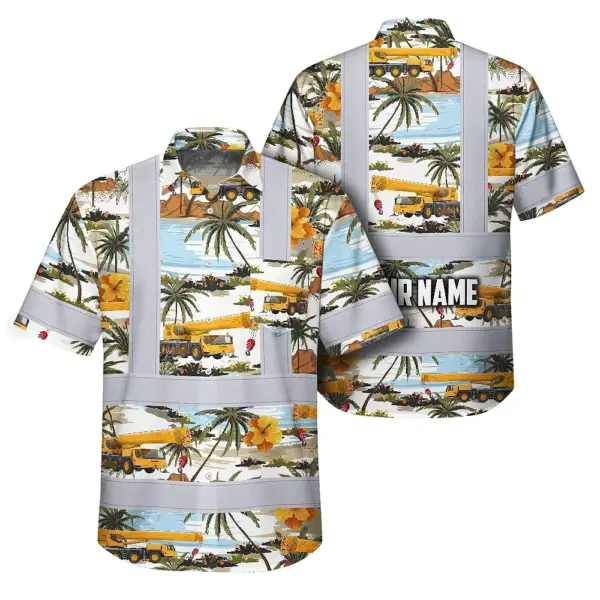Yellow Mobile Cranes Hawaiian Shirt Casual wear display of the yellow mobile cranes Hawaiian shirt paired with shorts, perfect for summer outings.