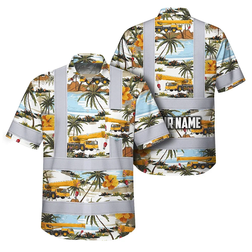 Yellow Mobile Cranes Hawaiian Shirt Front view of the yellow mobile cranes Hawaiian shirt with vibrant floral designs and safety stripes.