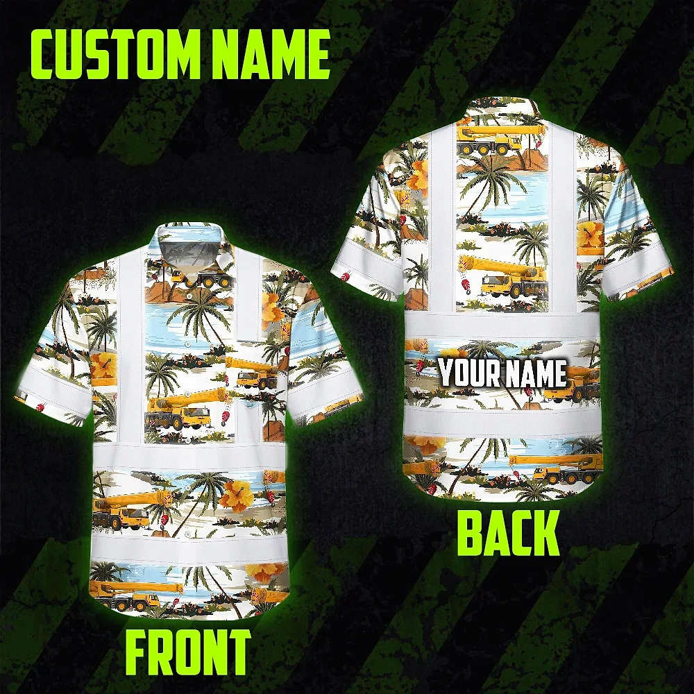 Yellow Mobile Cranes Hawaiian Shirt Back view showcasing the custom name on the yellow mobile cranes Hawaiian shirt with tropical details.