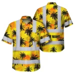 Front view of the yellow neon flowers custom name shirt showcasing vibrant palm designs and reflective stripes.