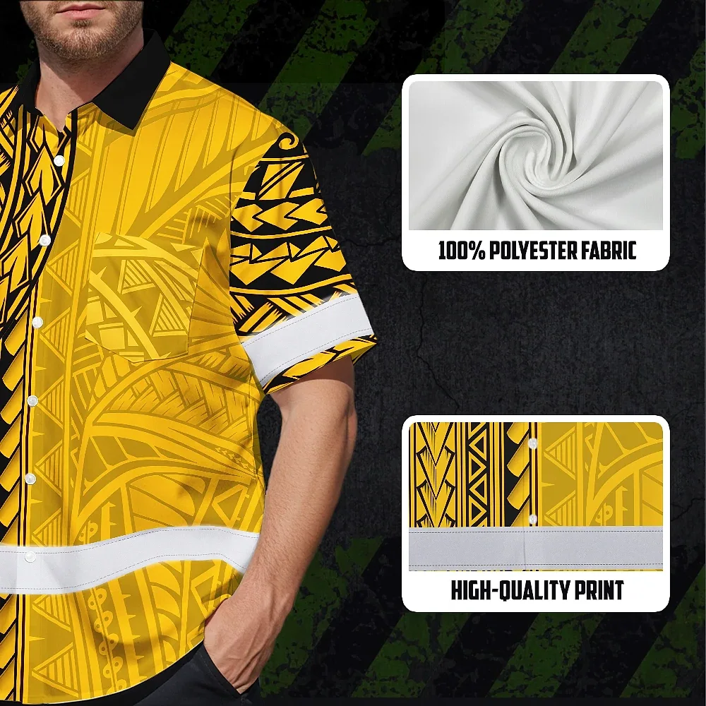 Yellow Polynesian Custom Name Hi Vis Hawaiian Shirt Model wearing the yellow Polynesian custom name hi vis Hawaiian shirt in a sunny outdoor setting.