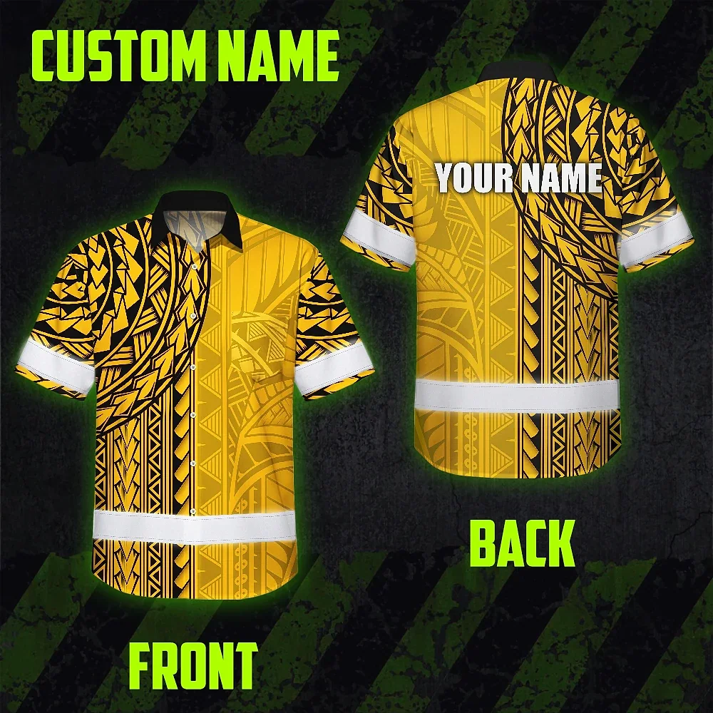 Yellow Polynesian Custom Name Hi Vis Hawaiian Shirt Back view of the yellow Polynesian custom name hi vis Hawaiian shirt featuring bold graphics and personalized name.