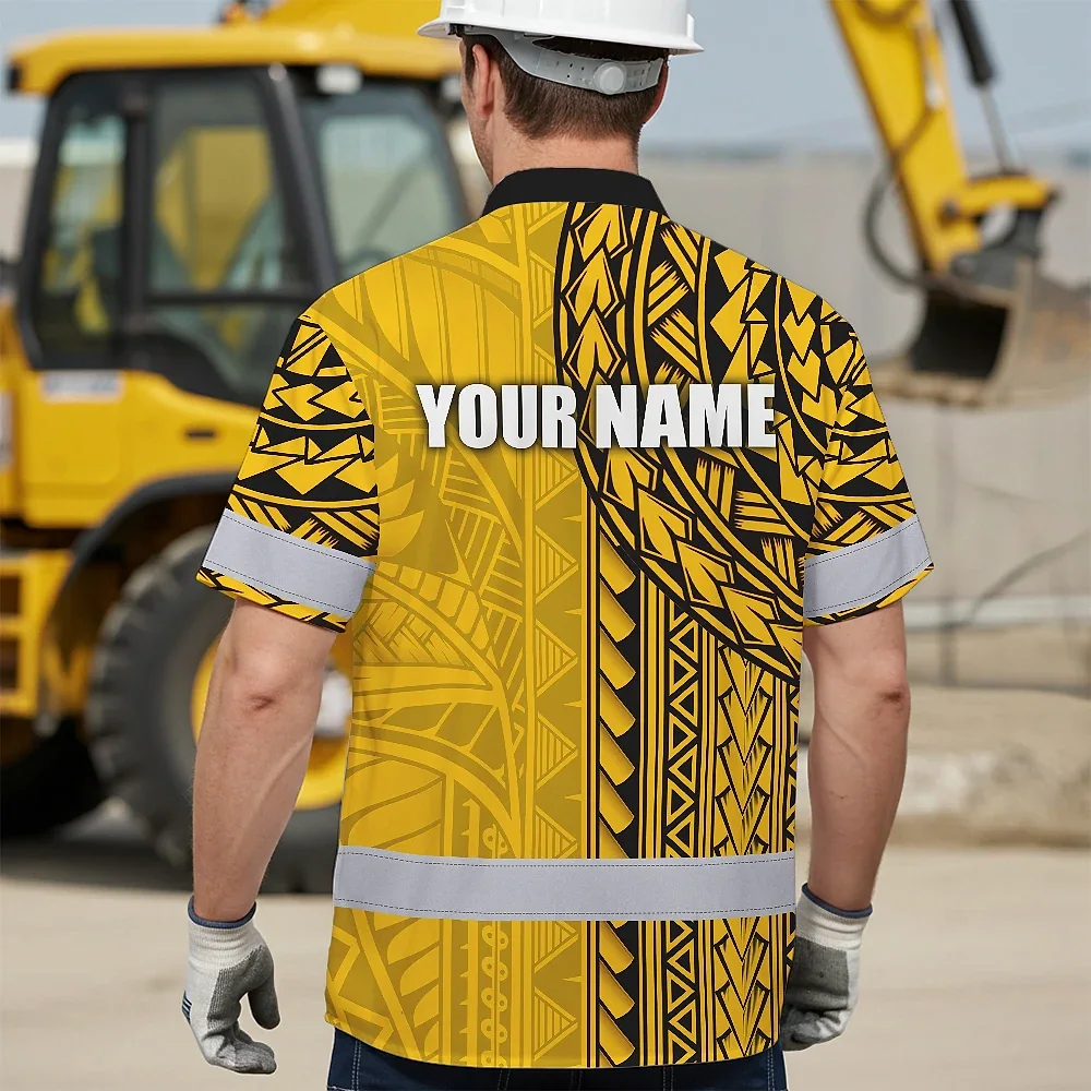 Yellow Polynesian Custom Name Hi Vis Hawaiian Shirt Lifestyle shot of a person wearing the yellow Polynesian custom name hi vis Hawaiian shirt at a beach party.