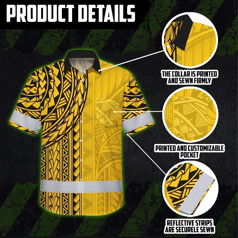 Yellow Polynesian Custom Name Hi Vis Hawaiian Shirt Flat lay of the yellow Polynesian custom name hi vis Hawaiian shirt emphasizing its bright color and design.