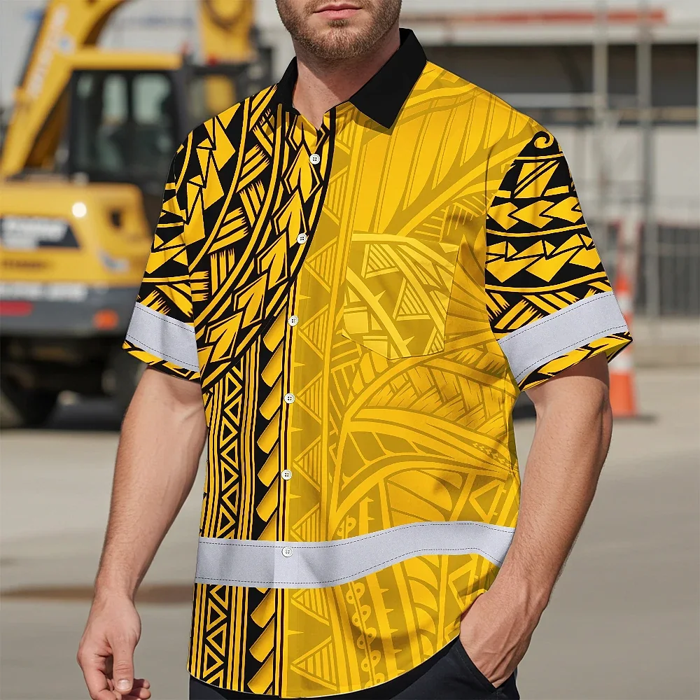 Yellow Polynesian Custom Name Hi Vis Hawaiian Shirt Close-up detail of the vibrant yellow Polynesian custom name hi vis Hawaiian shirt highlighting the unique patterns.