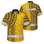 Front view of the yellow Polynesian custom name hi vis Hawaiian shirt showcasing intricate designs.