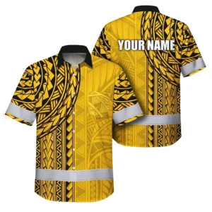 Front view of the yellow Polynesian custom name hi vis Hawaiian shirt showcasing intricate designs.
