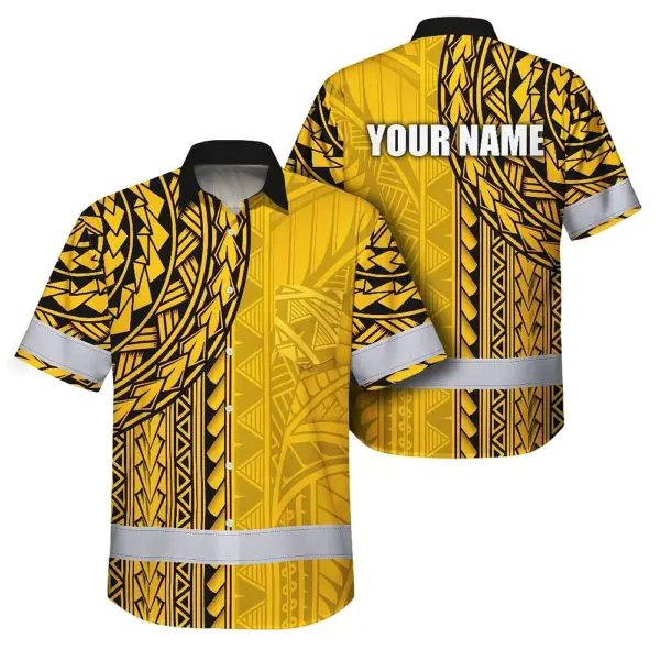 Yellow Polynesian Custom Name Hi Vis Hawaiian Shirt Action shot of someone enjoying a summer event in the yellow Polynesian custom name hi vis Hawaiian shirt.