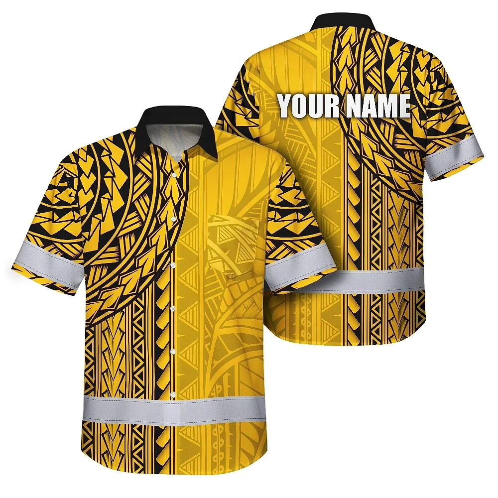 Yellow Polynesian Custom Name Hi Vis Hawaiian Shirt Front view of the yellow Polynesian custom name hi vis Hawaiian shirt showcasing intricate designs.