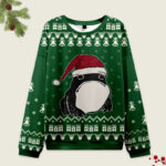 Front view of a green frog wearing Santa hat sweatshirt, featuring festive designs perfect for Christmas celebrations.