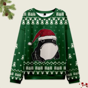 Front view of a green frog wearing Santa hat sweatshirt, featuring festive designs perfect for Christmas celebrations.