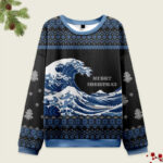 Front view of the Great Wave Japanese Christmas ugly sweatshirt, featuring blue waves and snowflakes on a black background.