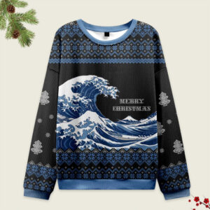 Front view of the Great Wave Japanese Christmas ugly sweatshirt, featuring blue waves and snowflakes on a black background.