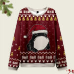 Frog wearing Santa hat ugly sweatshirt in red with festive patterns, front view showcasing playful design.