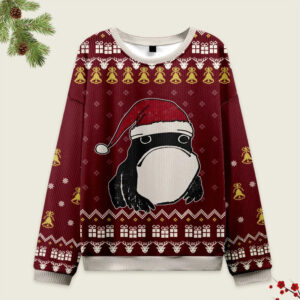Frog wearing Santa hat ugly sweatshirt in red with festive patterns, front view showcasing playful design.