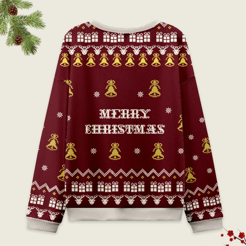 Frog Wearing Santa Hat Ugly Sweatshirt Back view of frog wearing Santa hat ugly sweatshirt, highlighting cozy fabric and vibrant Christmas theme.