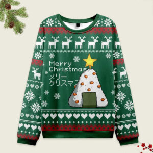 Front view of the rice ball Japanese green Christmas ugly sweatshirt featuring festive reindeer and a Christmas tree design.