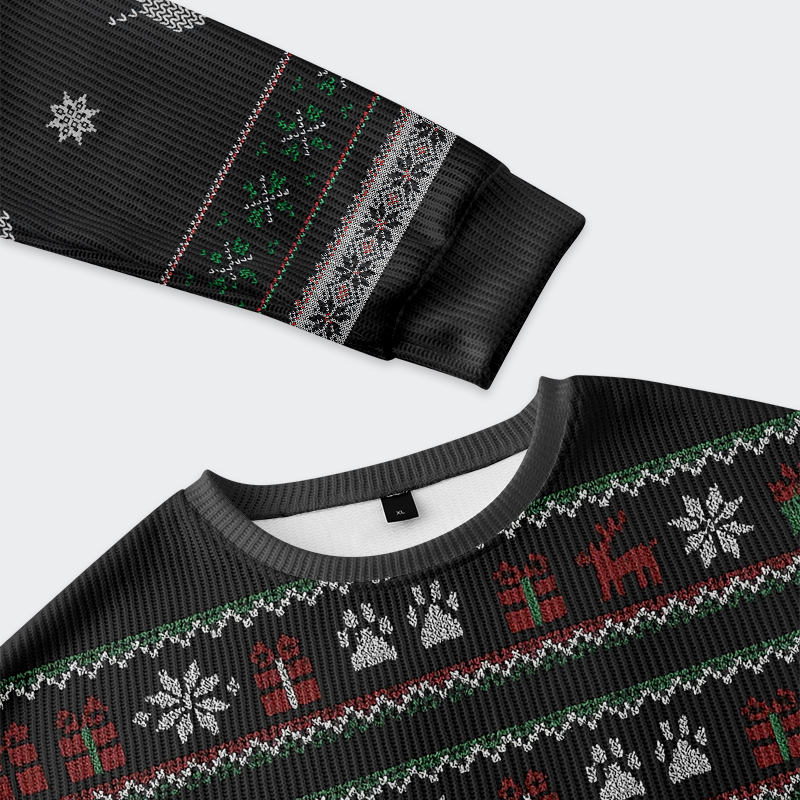 Arrested Cat Christmas Ugly Sweatshirt | Feline Felon Design Close-up detail of the arrested cat Christmas ugly sweatshirt's unique graphic featuring a cat in a Santa hat.